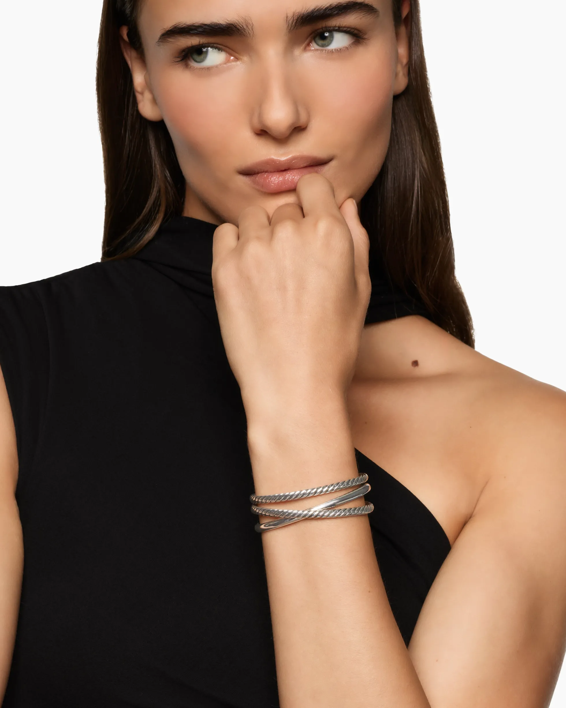 Bold Crossover Three Row Cuff Bracelet Sterling Silver, 19mm