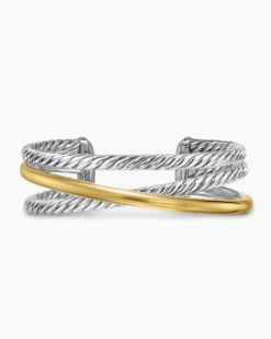 Bold Crossover Three Row Cuff Bracelet Sterling Silver with 14K Yellow Gold, 19mm