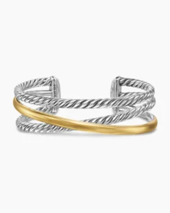 Bold Crossover Three Row Cuff Bracelet Sterling Silver with 14K Yellow Gold, 19mm