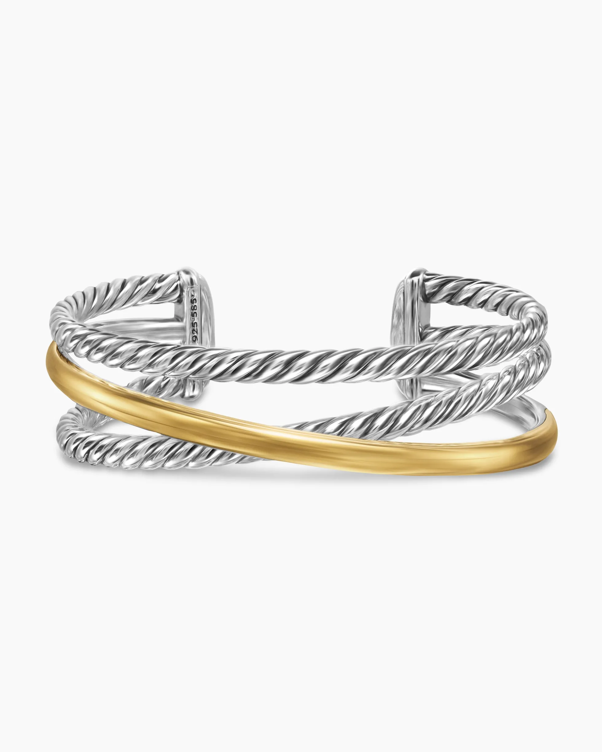 Bold Crossover Three Row Cuff Bracelet Sterling Silver with 14K Yellow Gold, 19mm