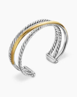 Bold Crossover Three Row Cuff Bracelet Sterling Silver with 14K Yellow Gold, 19mm