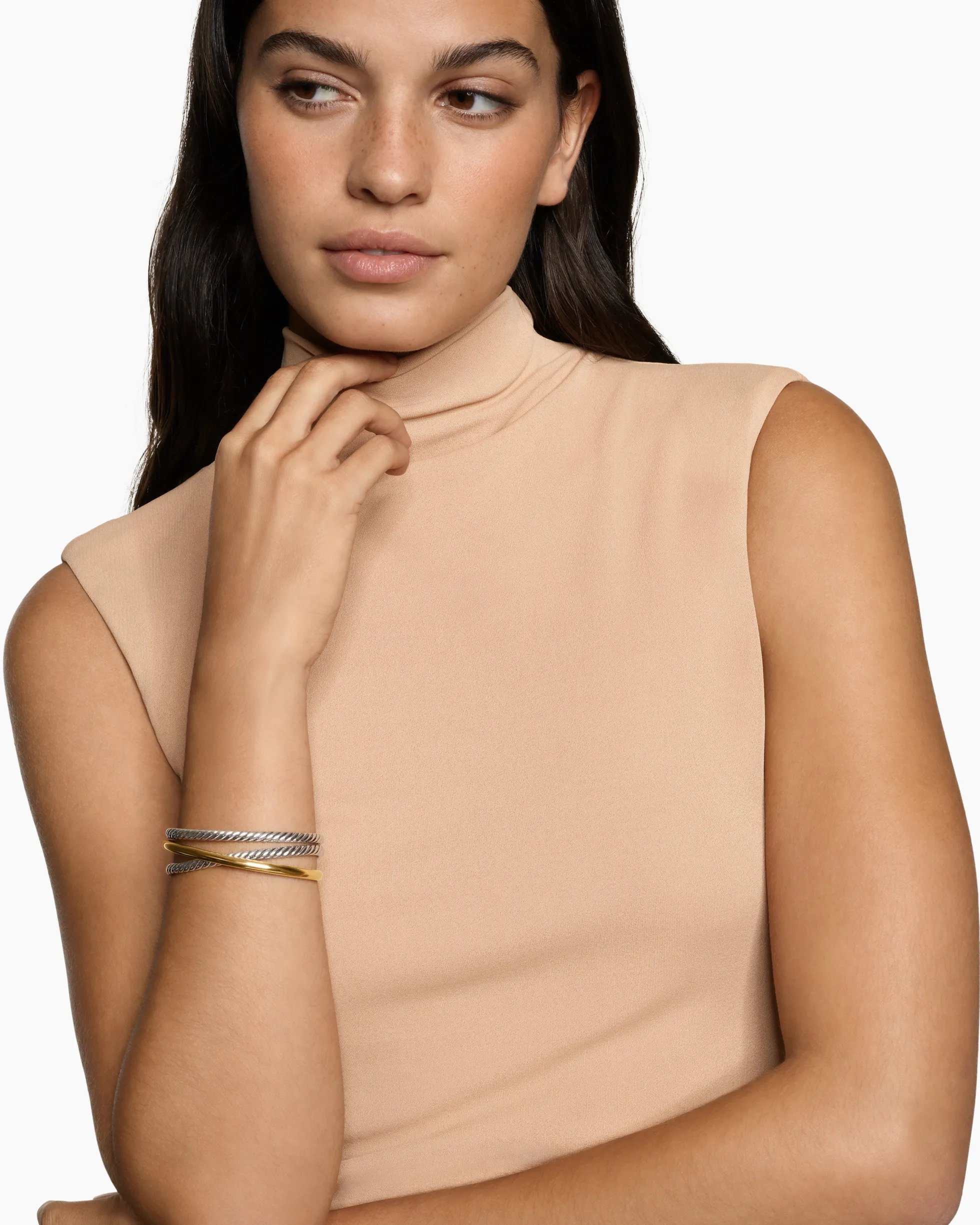 Bold Crossover Three Row Cuff Bracelet Sterling Silver with 14K Yellow Gold, 19mm