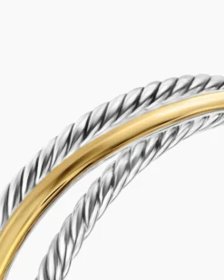 Bold Crossover Three Row Cuff Bracelet Sterling Silver with 14K Yellow Gold, 19mm