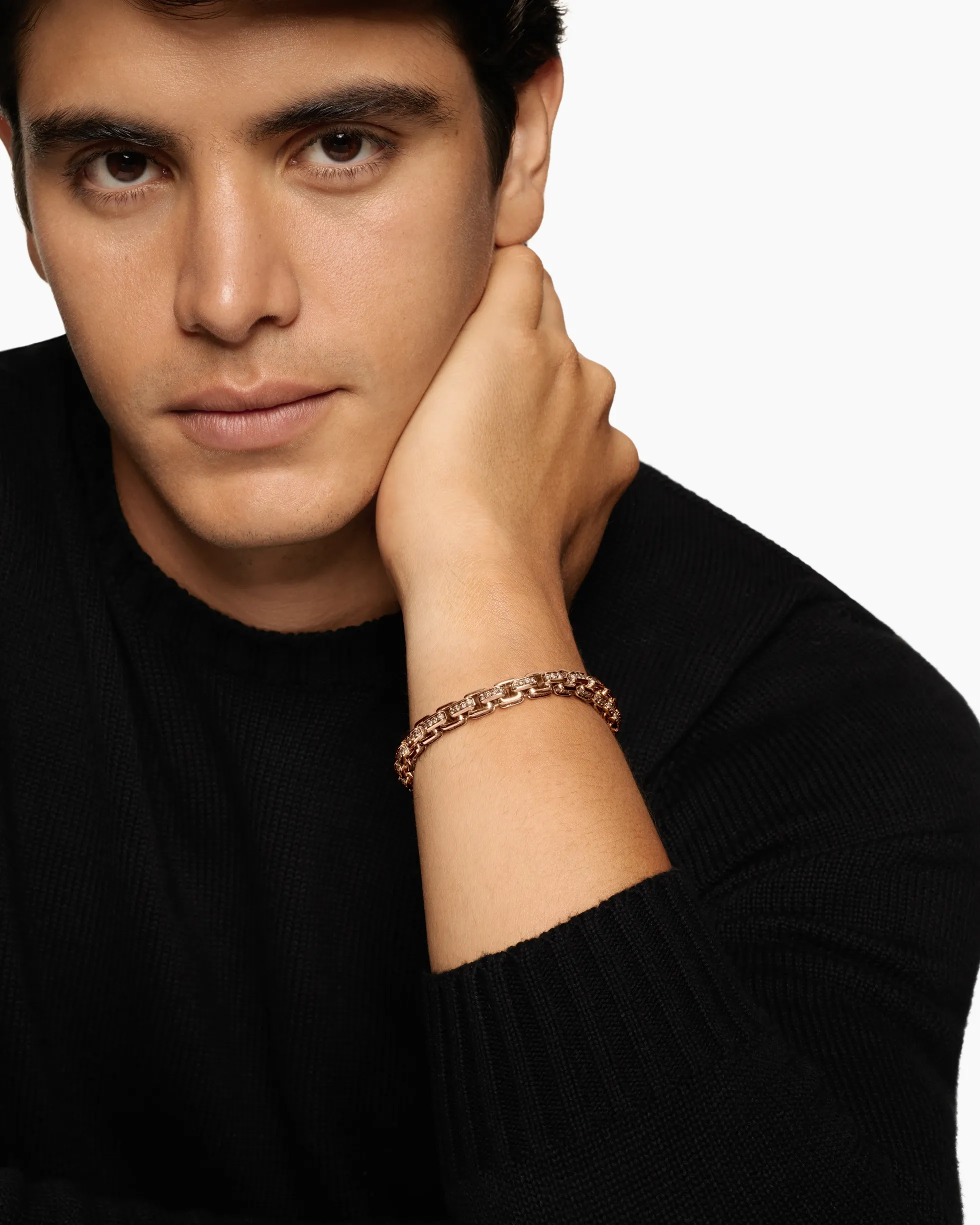 Box Chain Bracelet 18K Rose Gold with Pavé Cognac Diamonds, 7.3mm