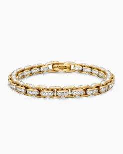 Box Chain Bracelet 18K Yellow Gold with Pavé Diamonds, 7.3mm