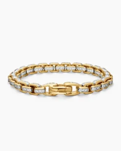 Box Chain Bracelet 18K Yellow Gold with Pavé Diamonds, 7.3mm