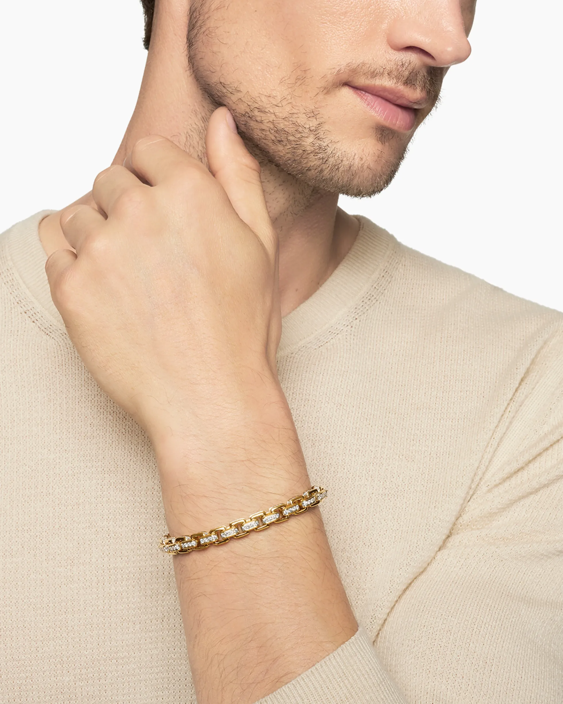 Box Chain Bracelet 18K Yellow Gold with Pavé Diamonds, 7.3mm