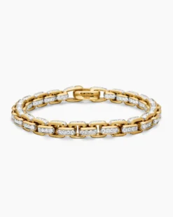 Box Chain Bracelet 18K Yellow Gold with Pavé Diamonds, 7.3mm