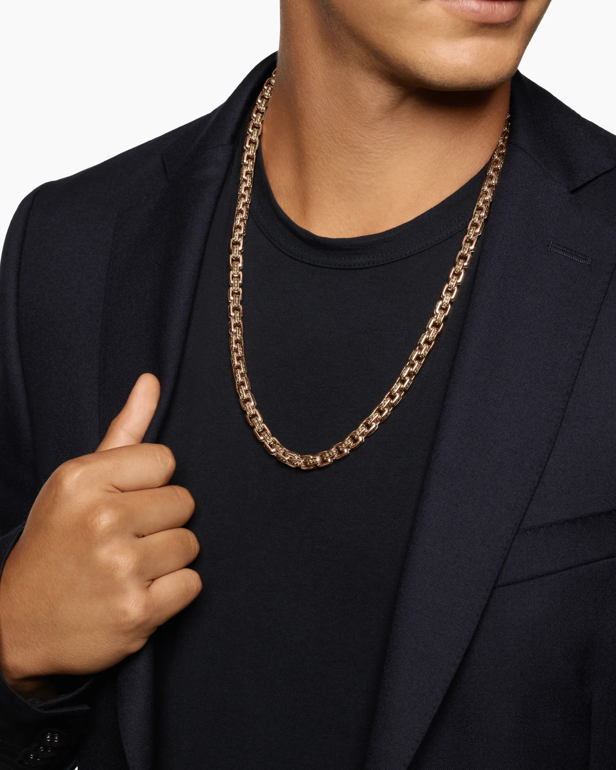 Box Chain Necklace 18K Rose Gold with Pavé Cognac Diamonds, 7.5mm
