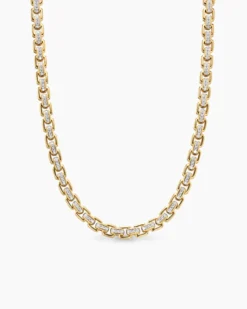 Box Chain Necklace 18K Yellow Gold with Pavé Diamonds, 7.5mm