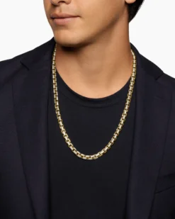 Box Chain Necklace 18K Yellow Gold with Pavé Diamonds, 7.5mm