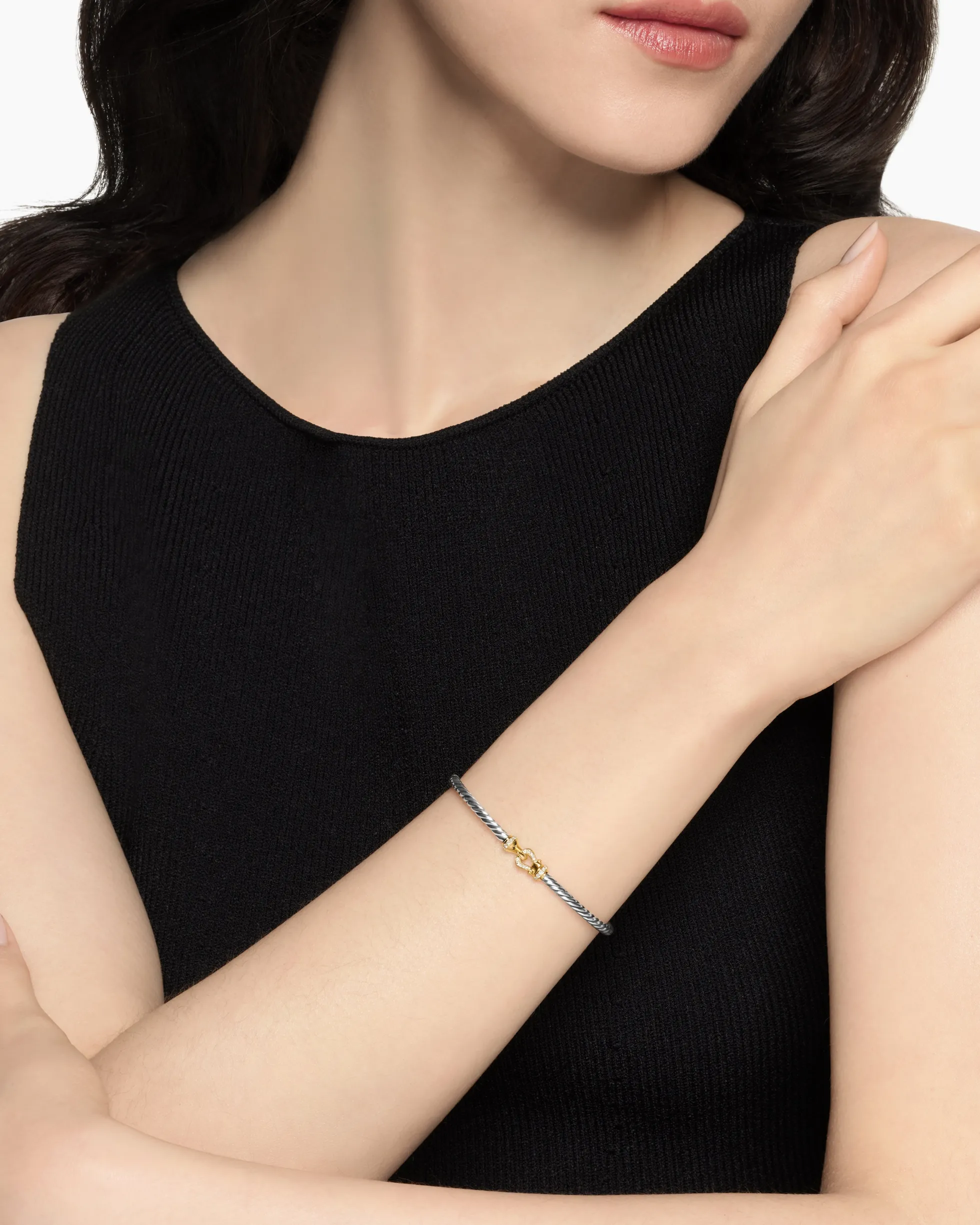 Buckle Classic Cable Bracelet Sterling Silver with 18K Yellow Gold and Diamonds, 3mm