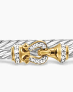 Buckle Classic Cable Bracelet Sterling Silver with 18K Yellow Gold and Diamonds, 3mm