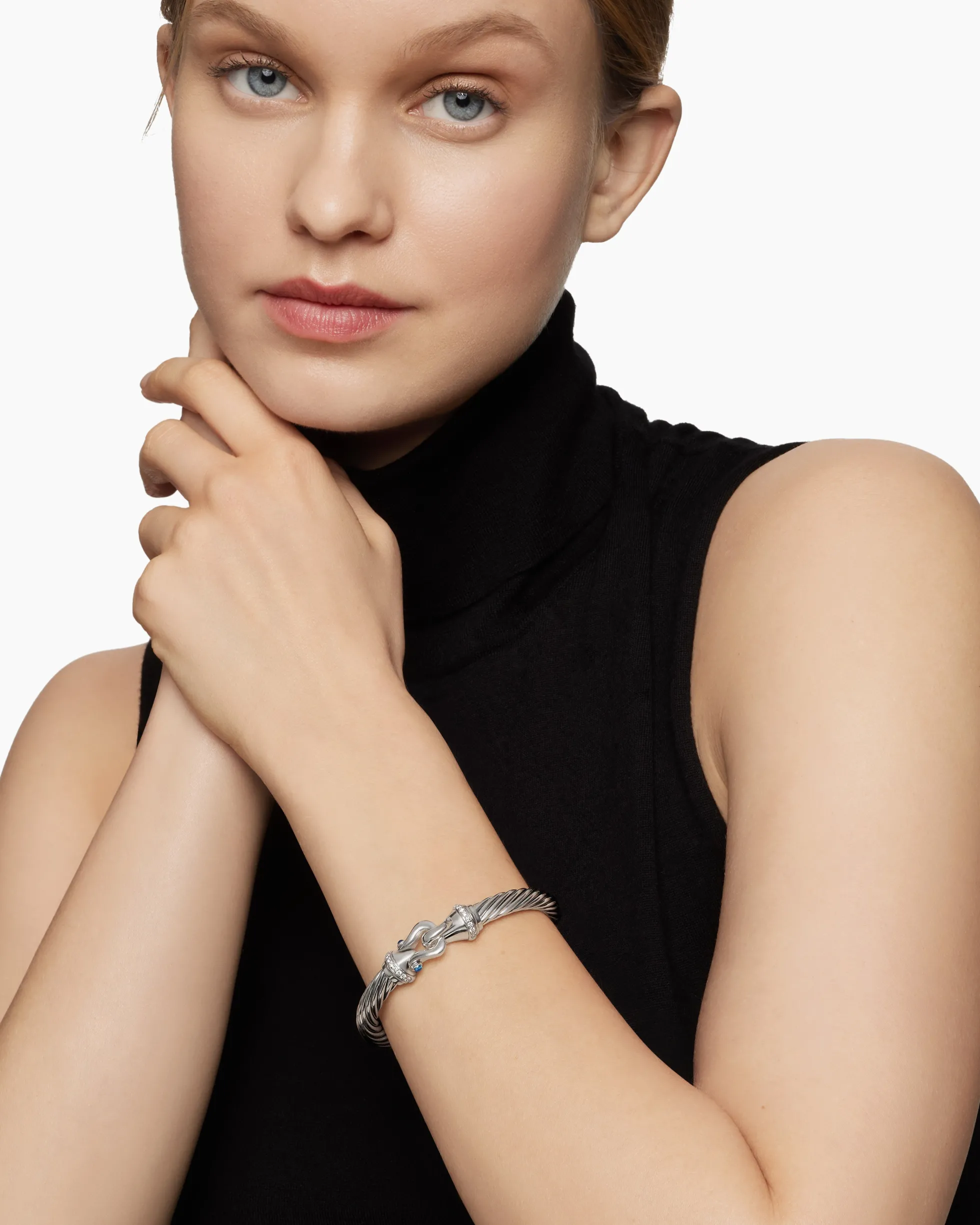 Buckle Classic Cable Bracelet Sterling Silver with Hampton Blue Topaz and Diamonds, 7mm