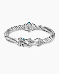 Buckle Classic Cable Bracelet Sterling Silver with Hampton Blue Topaz and Diamonds, 7mm