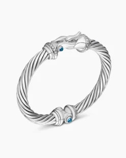 Buckle Classic Cable Bracelet Sterling Silver with Hampton Blue Topaz and Diamonds, 7mm