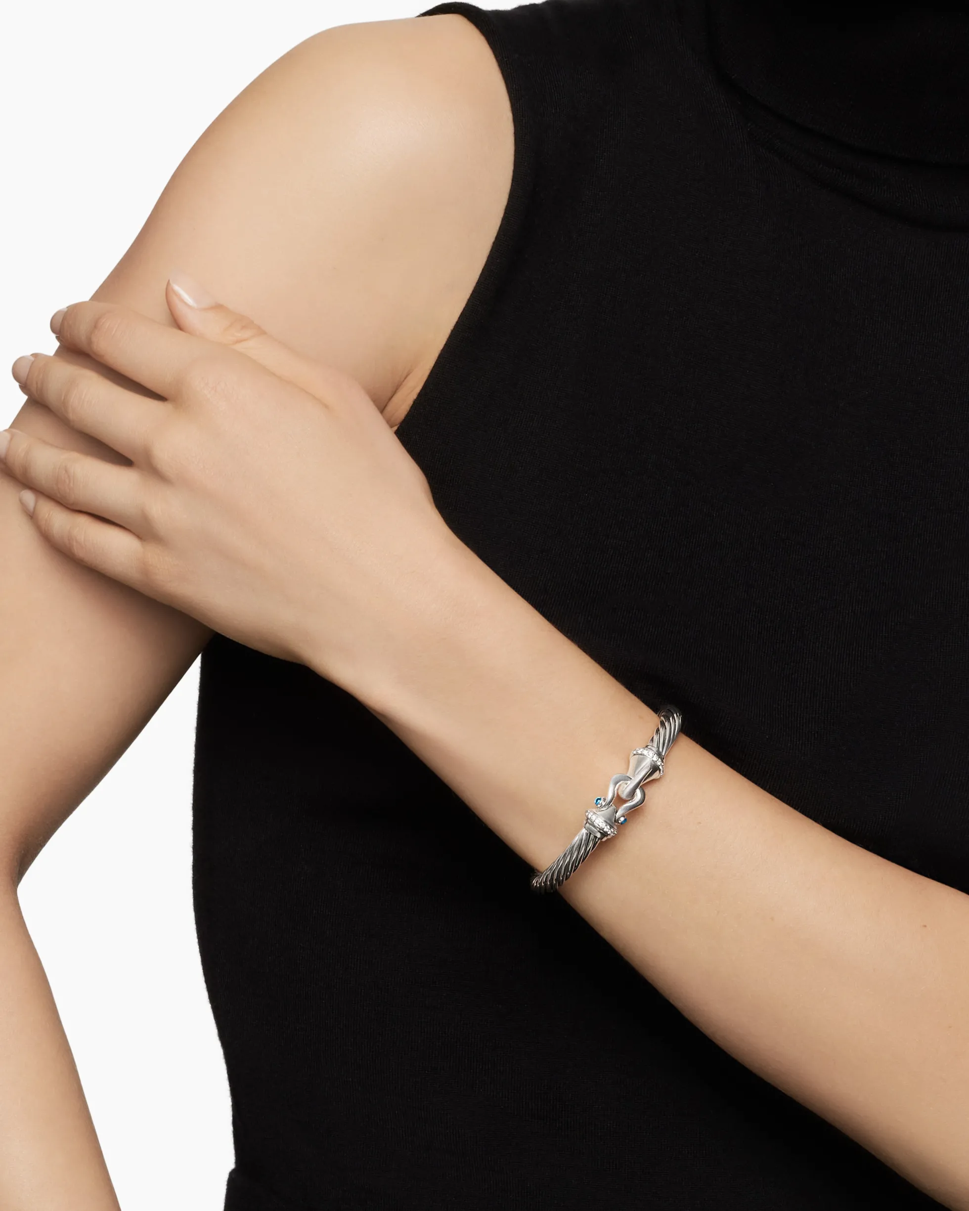 Buckle Classic Cable Bracelet Sterling Silver with Hampton Blue Topaz and Diamonds, 7mm