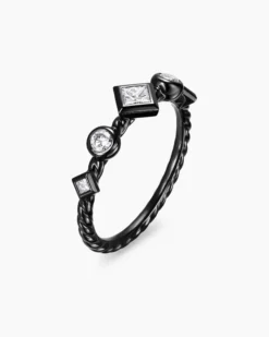 Cable Band Ring Black Titanium with Diamonds, 1.7mm