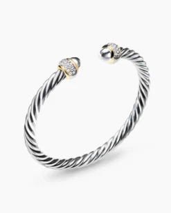 Cable Bracelet Sterling Silver with 18K Yellow Gold and Diamonds, 5mm