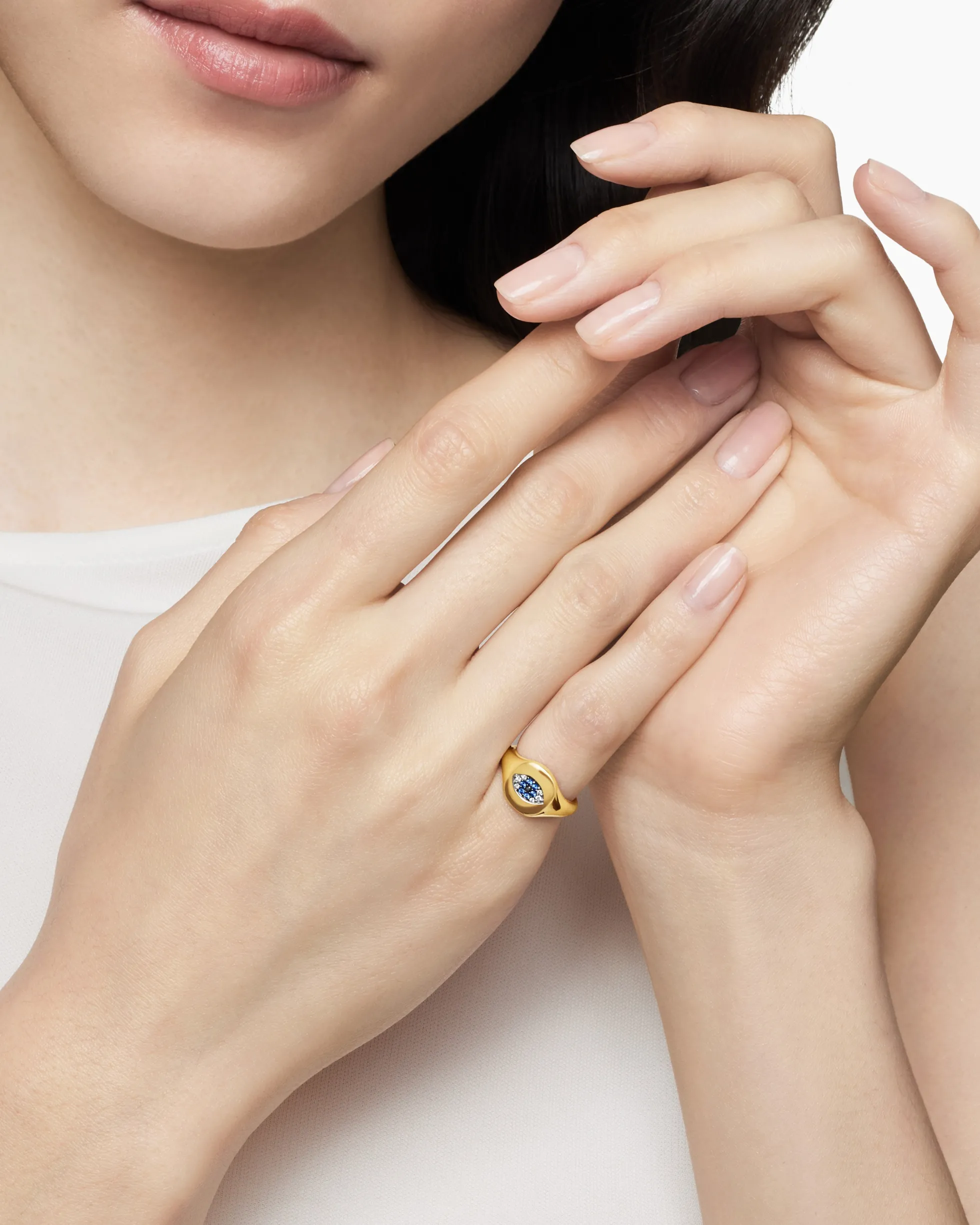 Cable Collectibles® Evil Eye Pinky Ring 18K Yellow Gold with Pavé Sapphires and Diamonds, 9.7mm