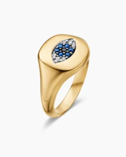 Cable Collectibles® Evil Eye Pinky Ring 18K Yellow Gold with Pavé Sapphires and Diamonds, 9.7mm