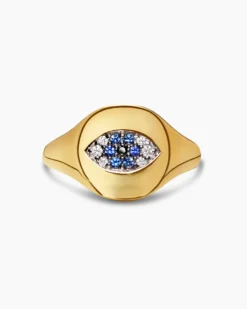 Cable Collectibles® Evil Eye Pinky Ring 18K Yellow Gold with Pavé Sapphires and Diamonds, 9.7mm