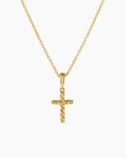 Cable Cross Pendant Necklace 18K Yellow Gold, 17.5mm