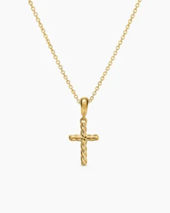 Cable Cross Pendant Necklace 18K Yellow Gold, 17.5mm