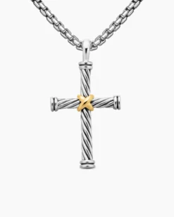 Cable Cross Pendant Sterling Silver with 18K Yellow Gold, 35mm