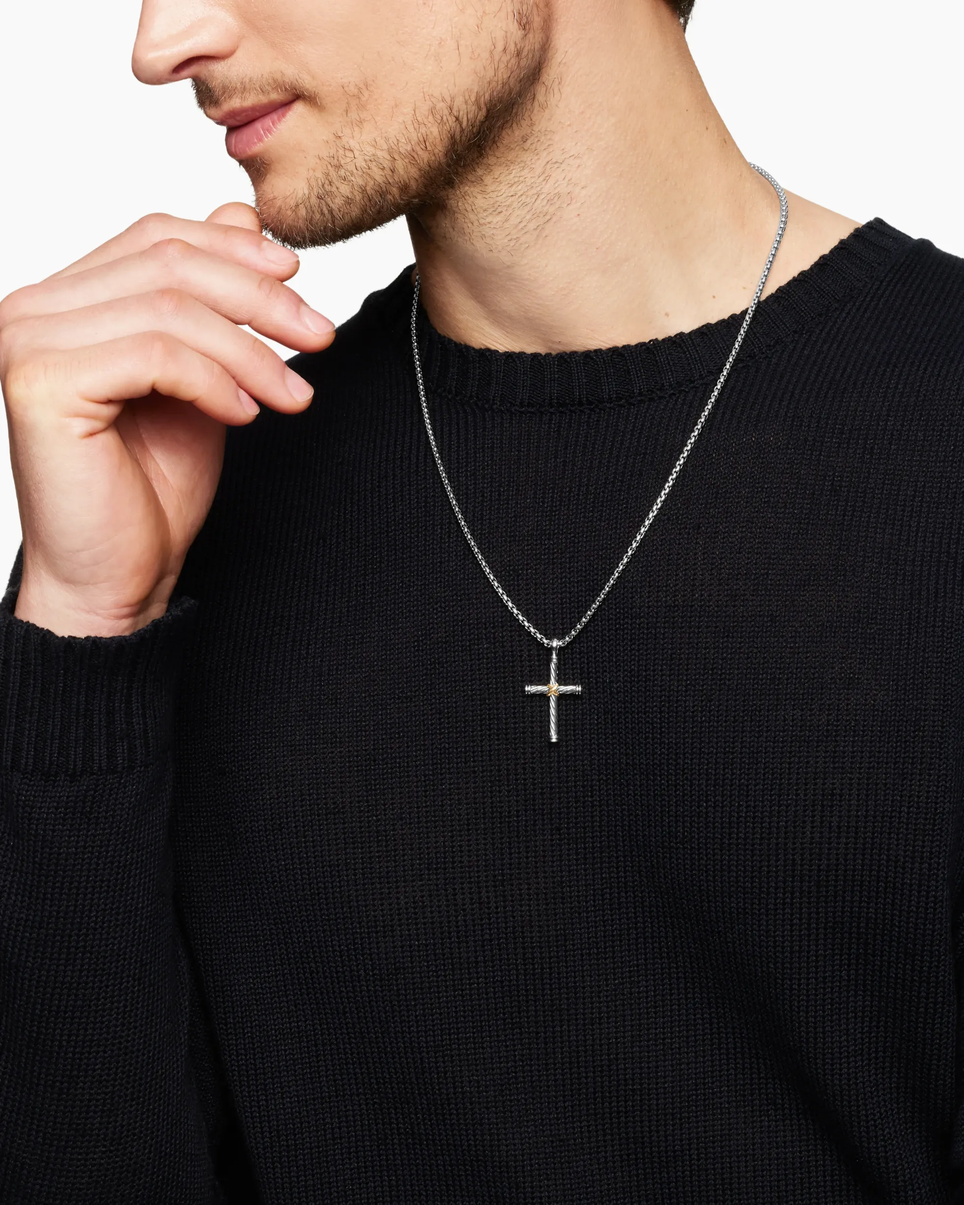Cable Cross Pendant Sterling Silver with 18K Yellow Gold, 35mm