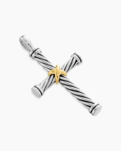 Cable Cross Pendant Sterling Silver with 18K Yellow Gold, 35mm