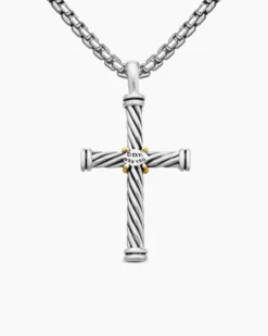 Cable Cross Pendant Sterling Silver with 18K Yellow Gold, 35mm