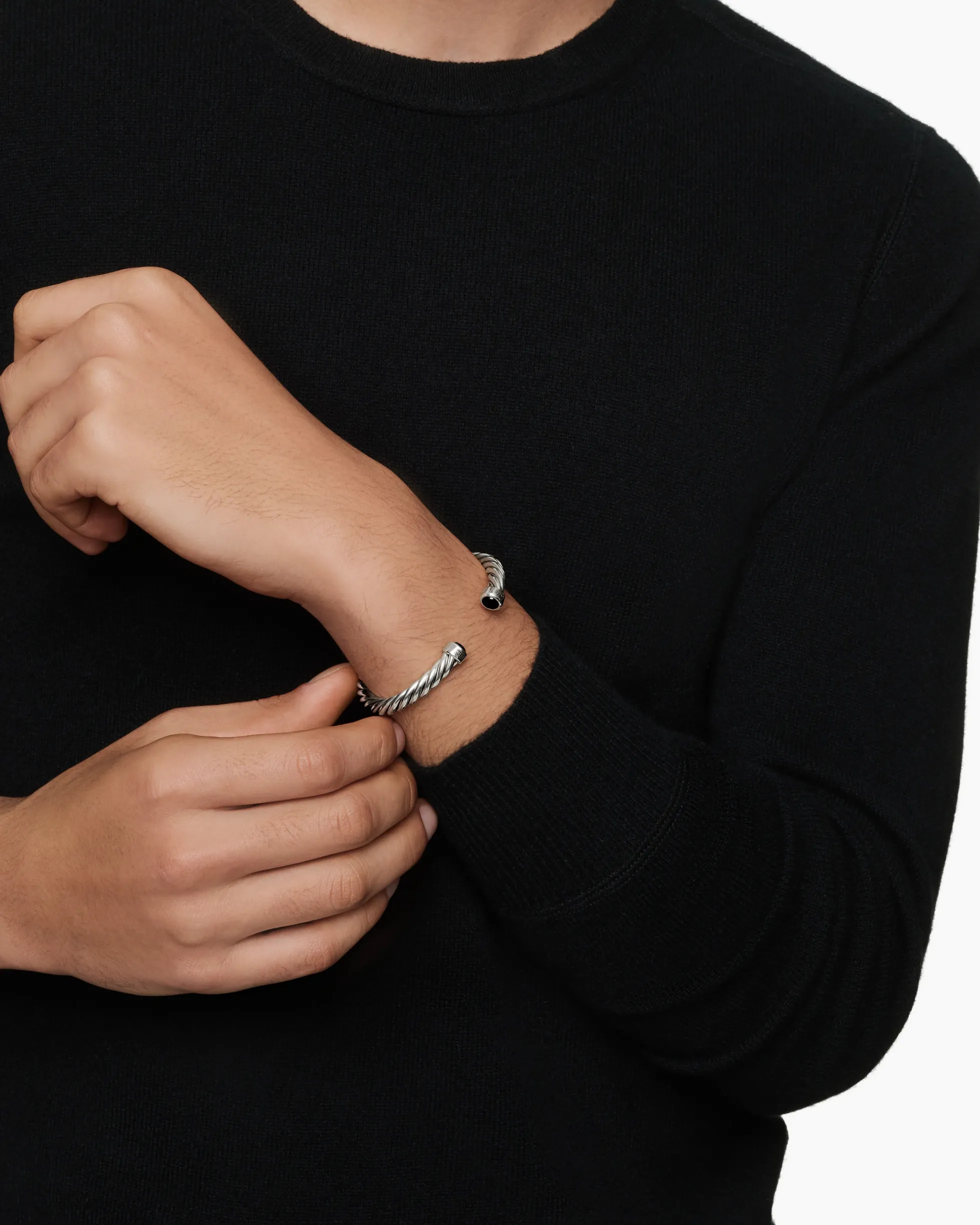 Cable Cuff Bracelet Sterling Silver with Black Onyx, 6mm