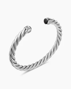 Cable Cuff Bracelet Sterling Silver with Black Onyx, 6mm