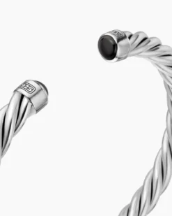 Cable Cuff Bracelet Sterling Silver with Black Onyx, 6mm