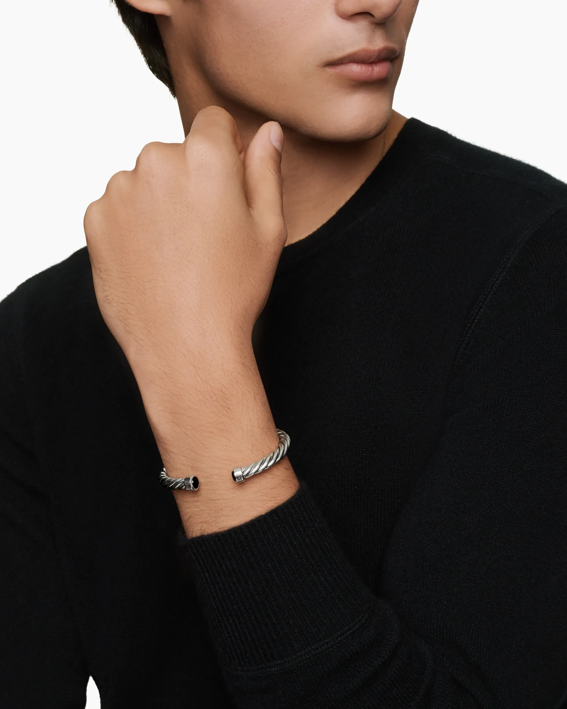 Cable Cuff Bracelet Sterling Silver with Black Onyx, 6mm
