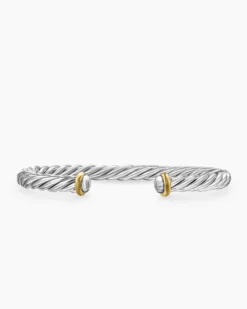 Cable Cuff Bracelet Sterling Silver with 14K Yellow Gold, 6mm