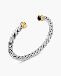 Cable Cuff Bracelet Sterling Silver with 18K Yellow Gold and Black Onyx, 6mm