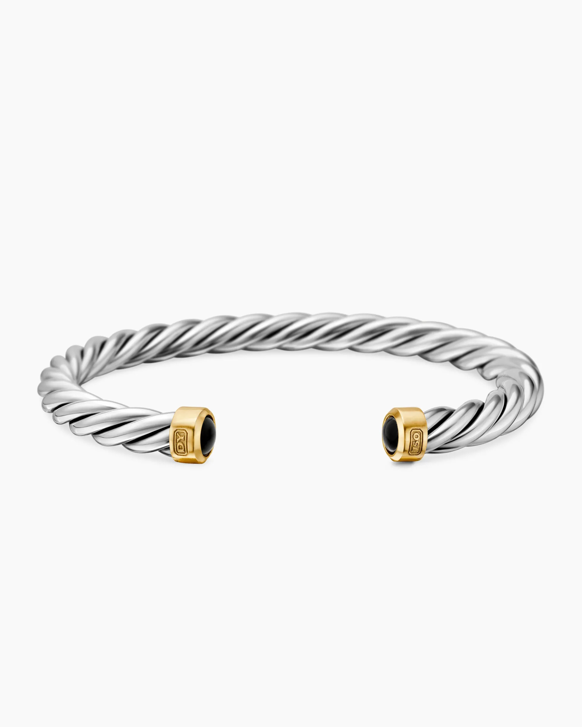 Cable Cuff Bracelet Sterling Silver with 18K Yellow Gold and Black Onyx, 6mm
