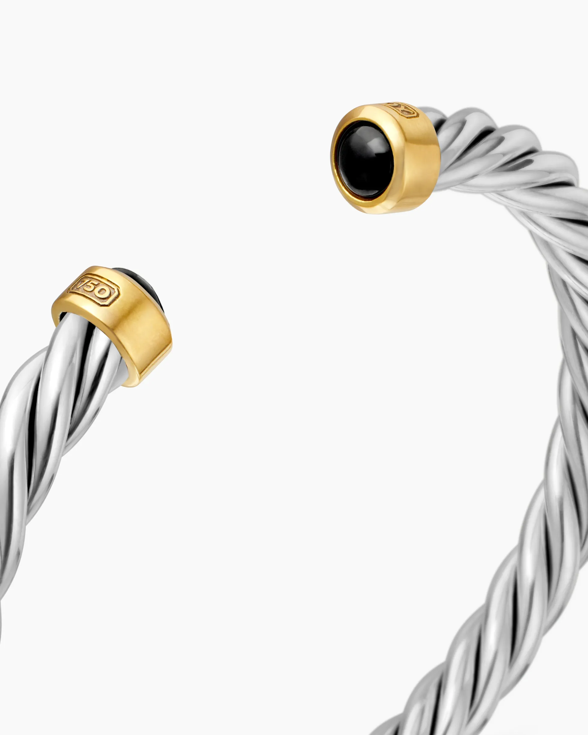 Cable Cuff Bracelet Sterling Silver with 18K Yellow Gold and Black Onyx, 6mm