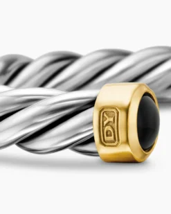 Cable Cuff Bracelet Sterling Silver with 18K Yellow Gold and Black Onyx, 6mm