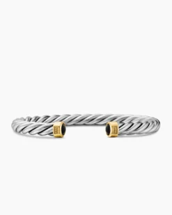 Cable Cuff Bracelet Sterling Silver with 18K Yellow Gold and Black Onyx, 6mm
