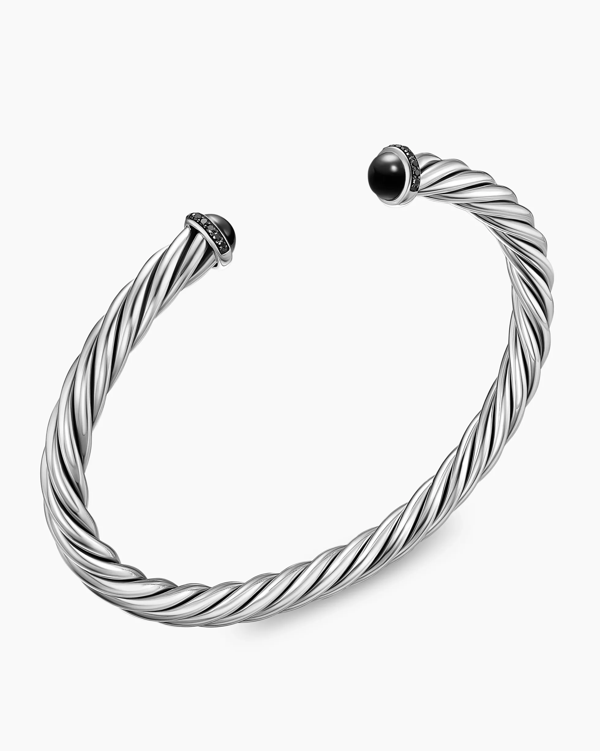 Cable Cuff Bracelet Sterling Silver with Black Onyx and Black Diamonds, 6mm