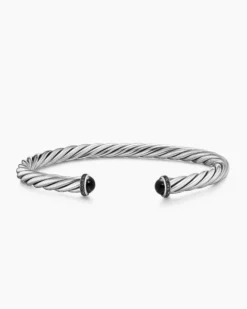 Cable Cuff Bracelet Sterling Silver with Black Onyx and Black Diamonds, 6mm