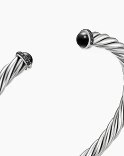 Cable Cuff Bracelet Sterling Silver with Black Onyx and Black Diamonds, 6mm
