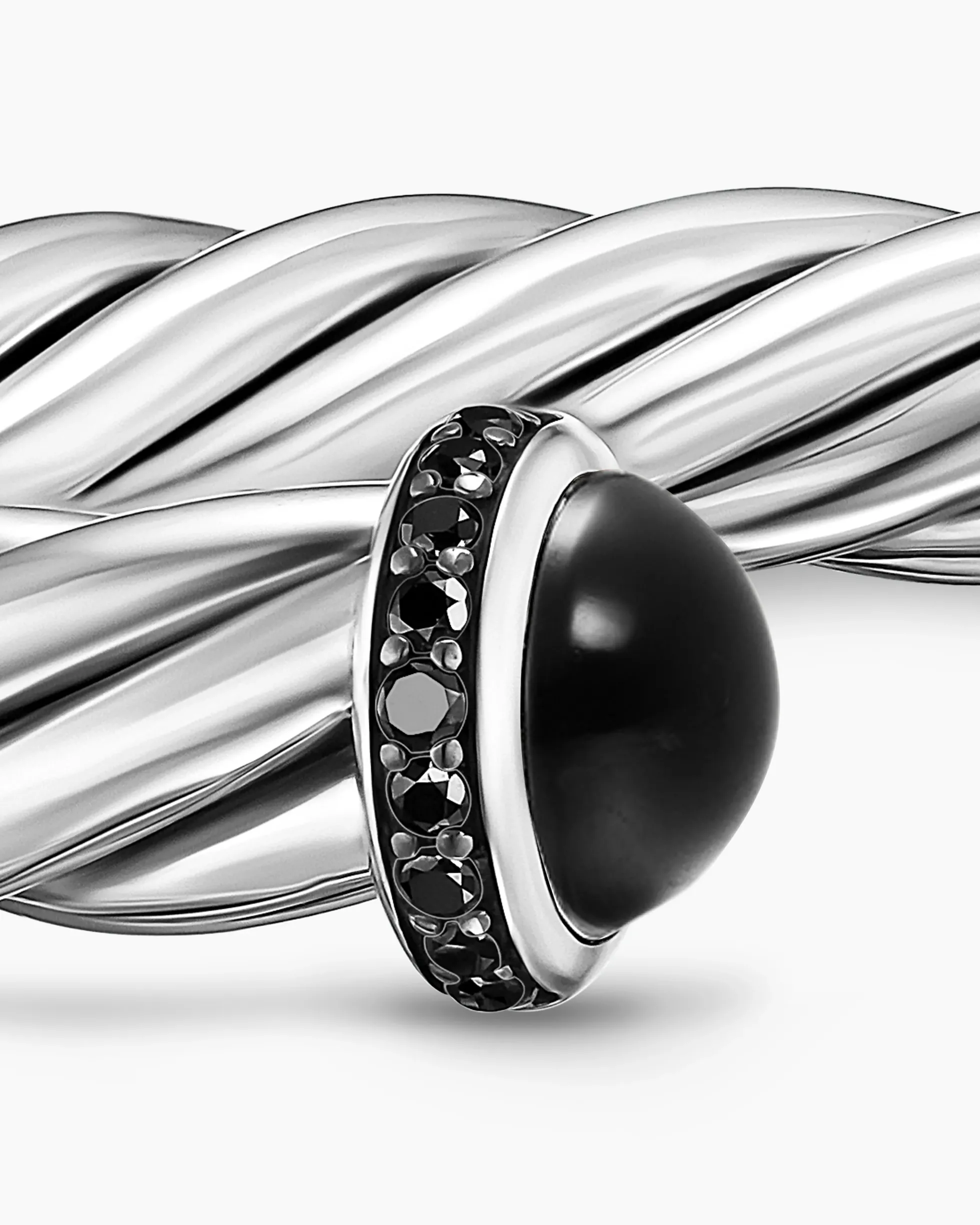 Cable Cuff Bracelet Sterling Silver with Black Onyx and Black Diamonds, 6mm