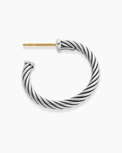 Cable Hoop Earrings Sterling Silver, 3/4in