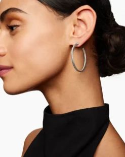 Cable Hoop Earrings Sterling Silver, 1.5in