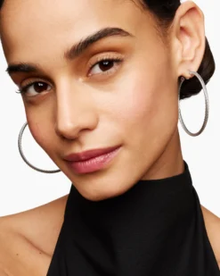 Cable Hoop Earrings Sterling Silver, 2in