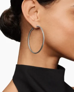 Cable Hoop Earrings Sterling Silver, 2.5in